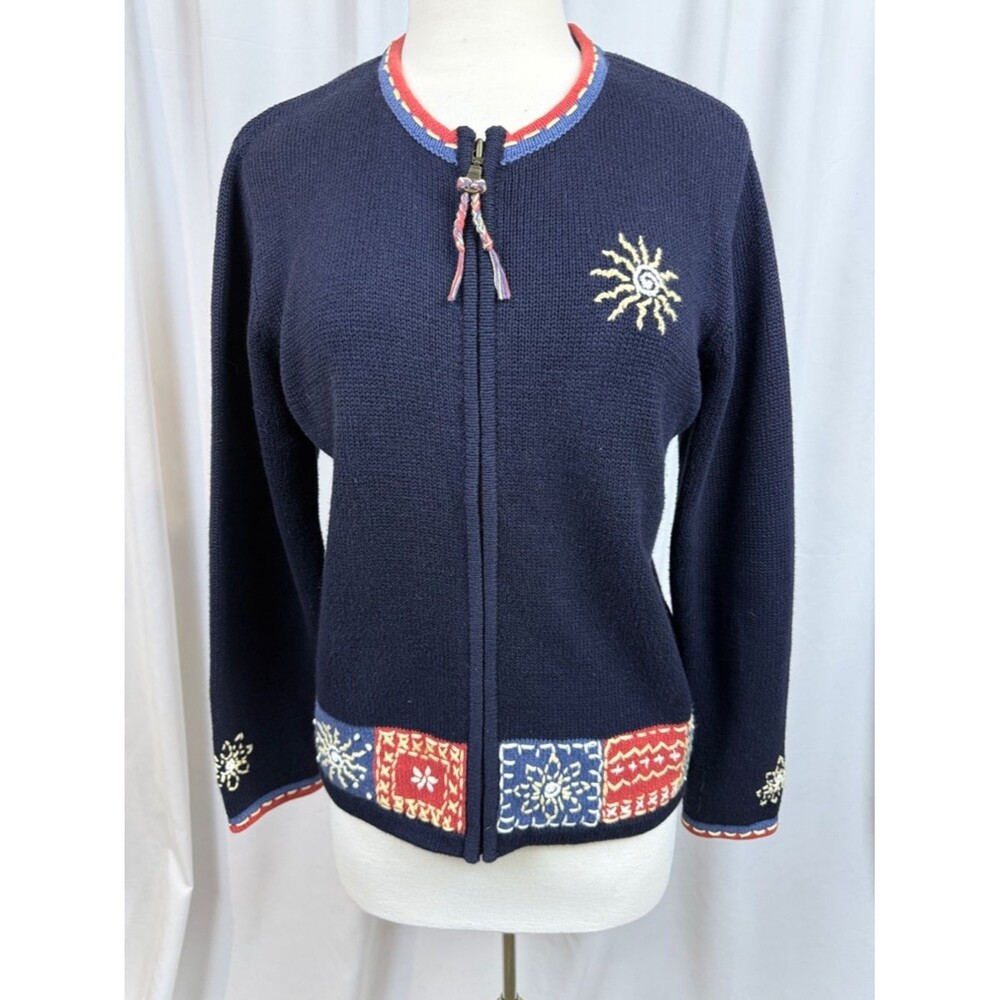 Christopher & Banks Navy Zippered Cardigan with Hand-Embroidered Detail,